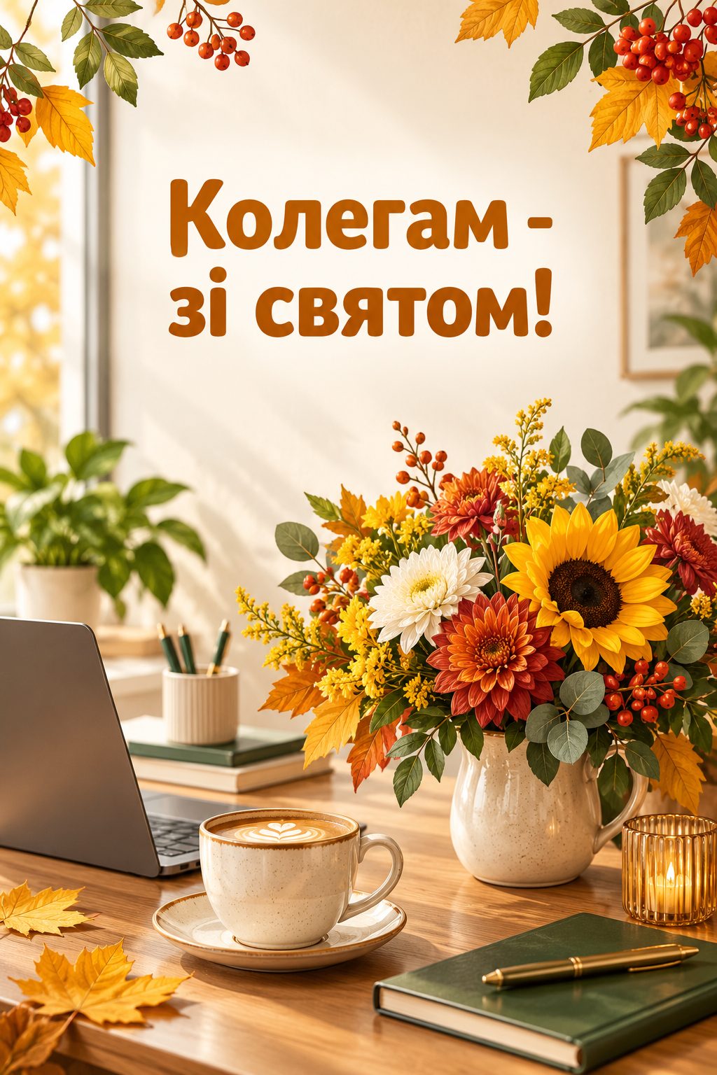 Листівка з Днем працівників соціальної сфери: робочий стіл з осінніми квітами й кавою, напис «Колегам - зі святом!»