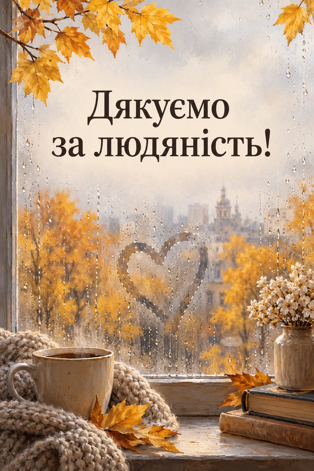 Листівка з Днем працівників соціальної сфери: серце на запітнілому вікні, за яким осінні дерева, напис «Дякуємо за людяність!»