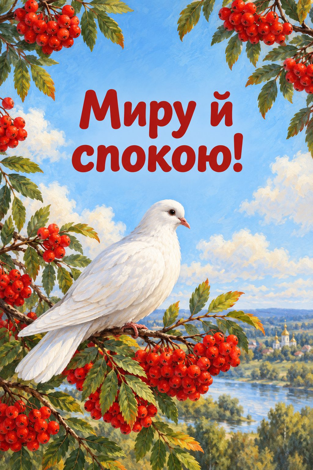 Листівка з Днем працівників соціальної сфери: білий голуб на гілці горобини, напис «Миру й спокою!»