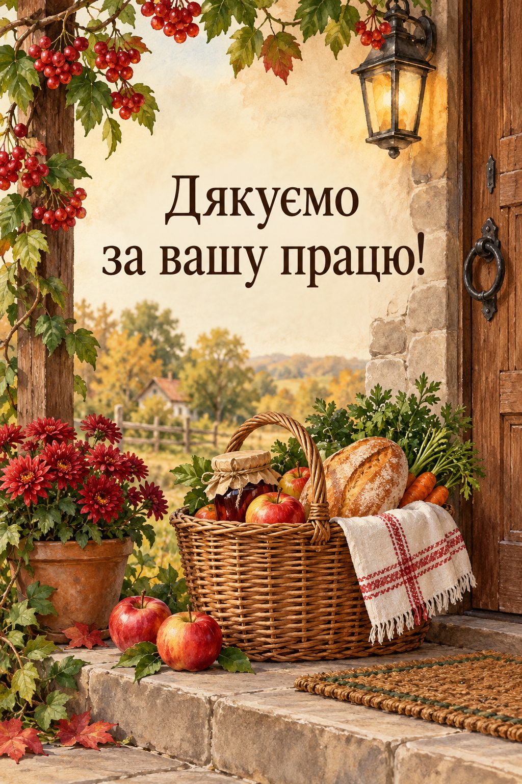 Листівка з Днем працівників соціальної сфери: кошик продуктів, хліб і яблука на ґанку старого будинку, напис «Дякуємо за вашу працю!»