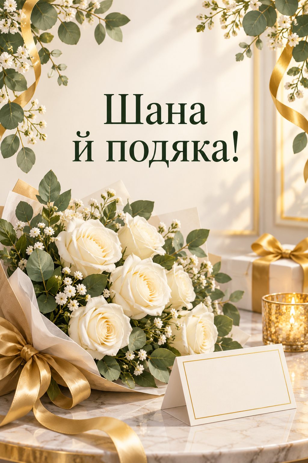 Листівка з Днем працівників соціальної сфери: букет білих троянд і листівка без тексту на столі, напис «Шана й подяка!»