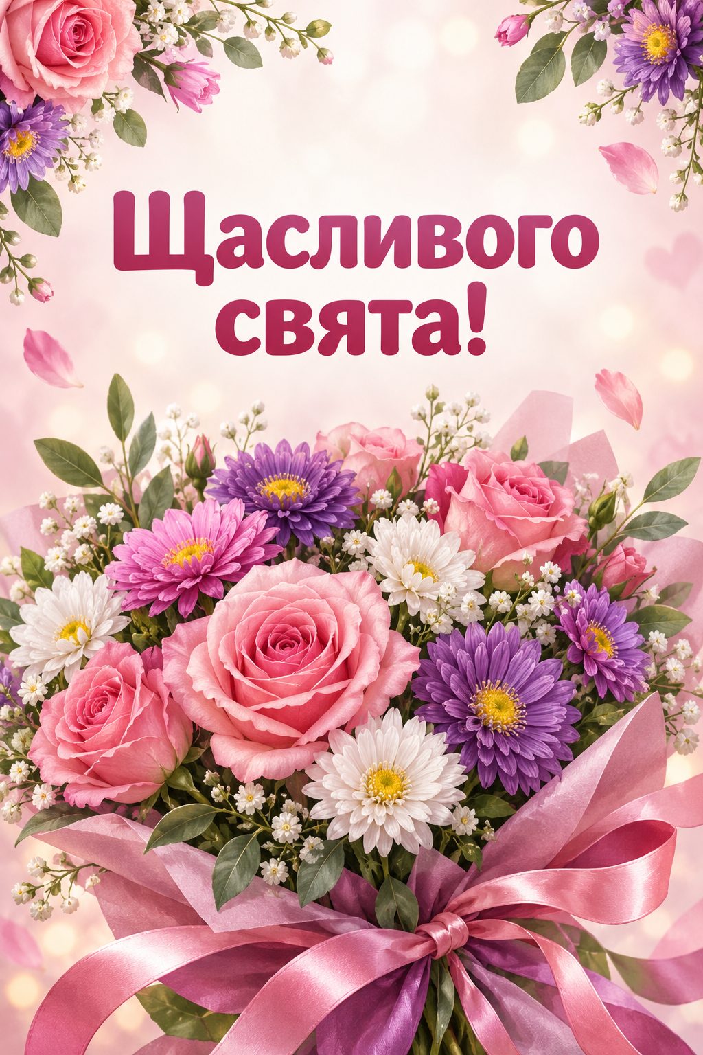Листівка з Днем працівників соціальної сфери: святковий букет троянд і айстр зі стрічкою, напис «Щасливого свята!»