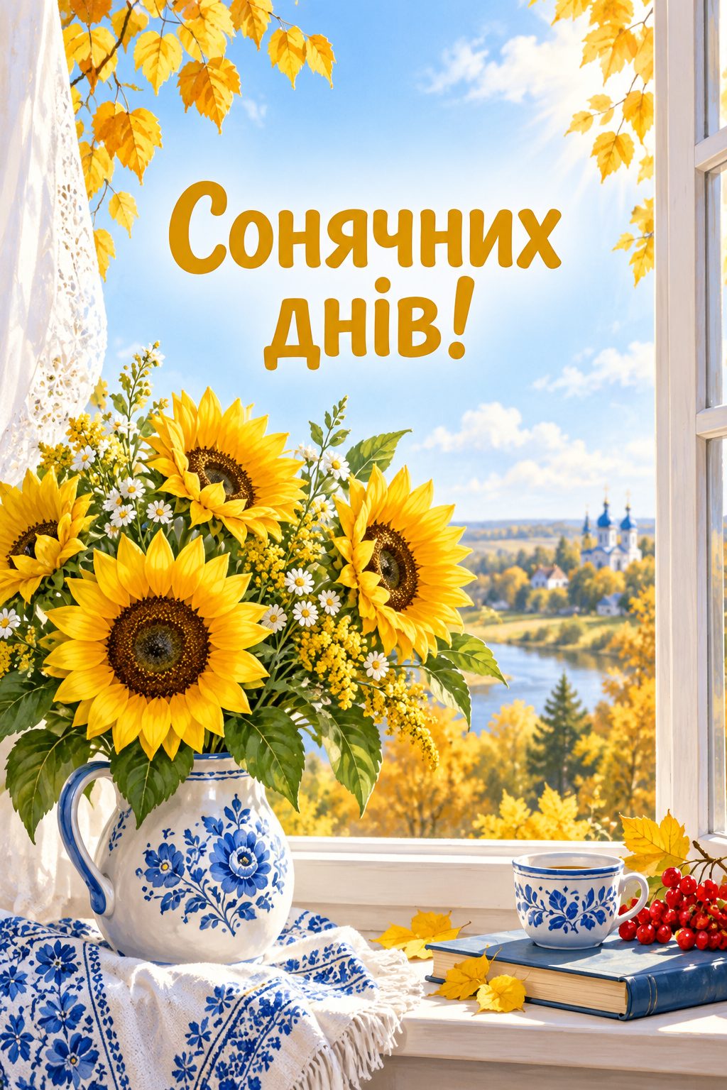 Листівка з Днем працівників соціальної сфери: соняшники в глечику на підвіконні, напис «Сонячних днів!»