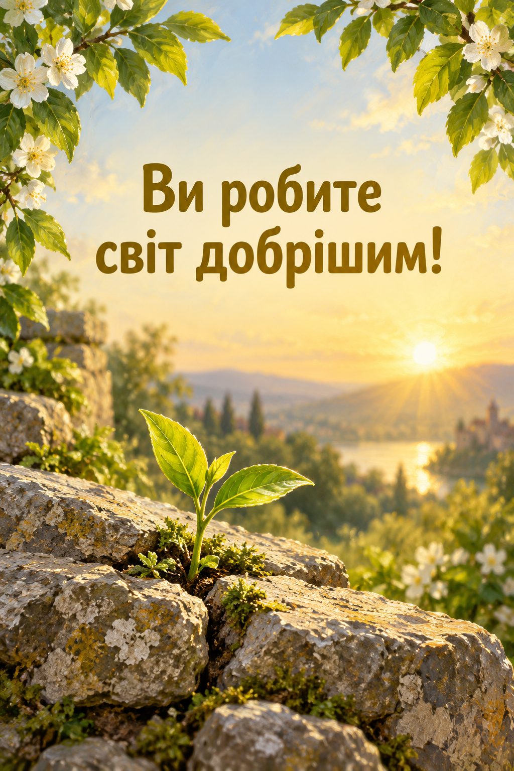 Листівка з Днем працівників соціальної сфери: паросток, що проріс крізь старе каміння, напис «Ви робите світ добрішим!»