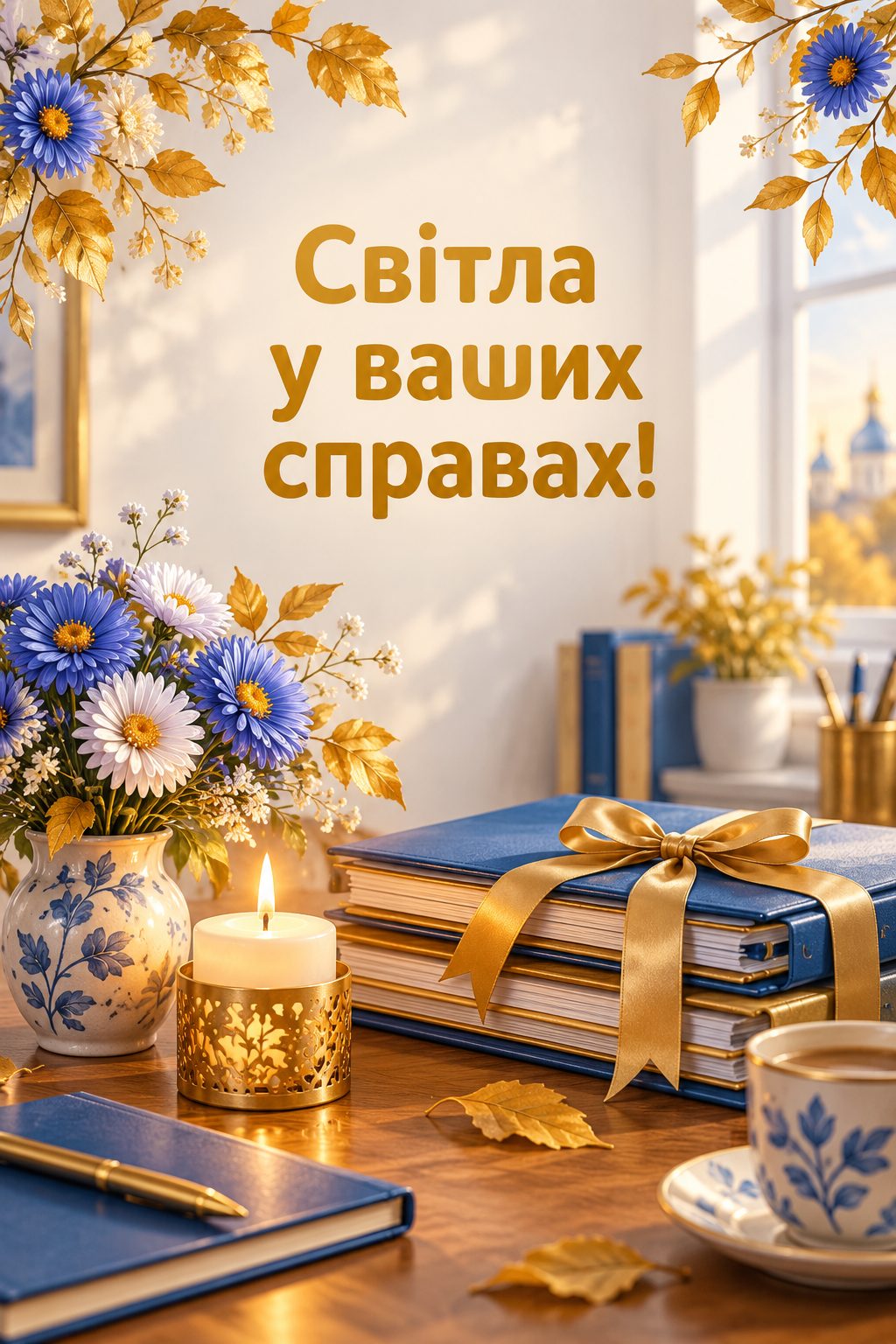 Листівка з Днем працівників соціальної сфери: свічка, стос тек зі стрічкою й айстри на столі, напис «Світла у ваших справах!»