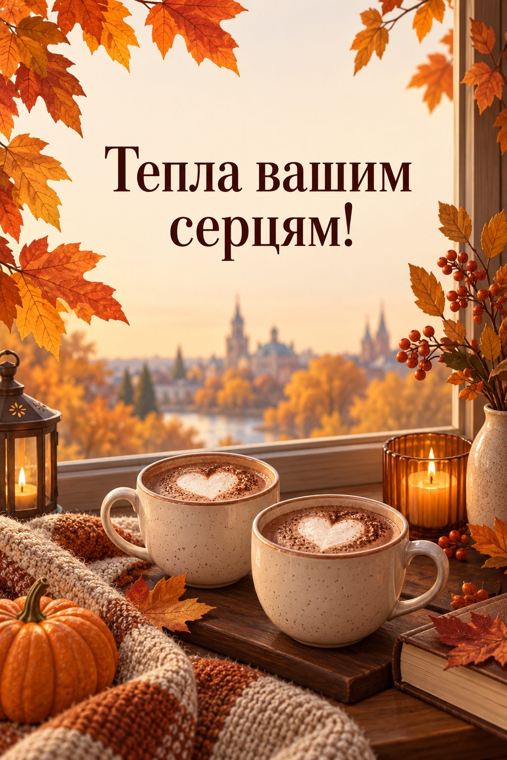 Листівка з Днем працівників соціальної сфери: дві чашки какао з сердечками з піни на осінньому підвіконні, напис «Тепла вашим серцям!»