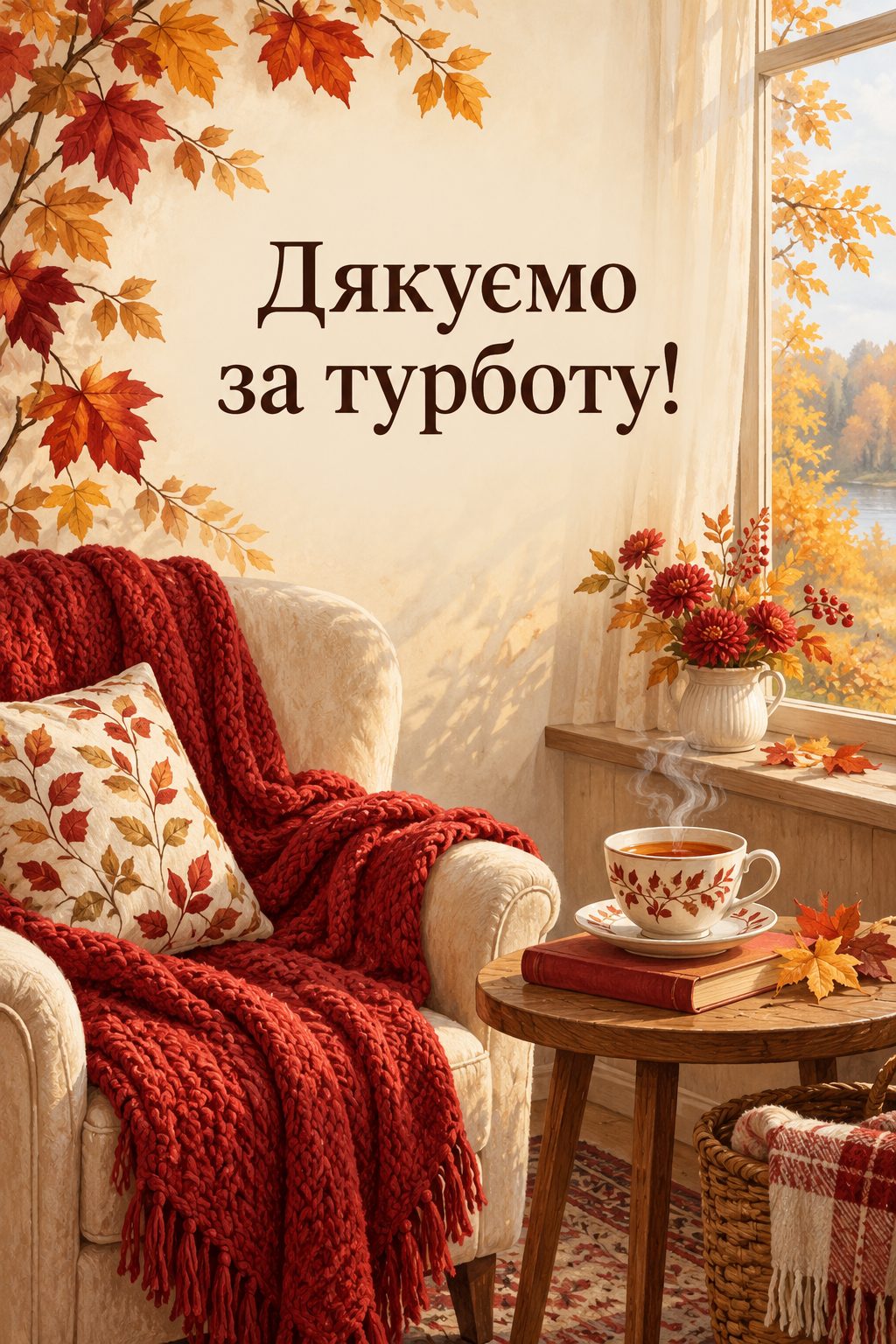 Листівка з Днем працівників соціальної сфери: чашка гарячого чаю й в'язаний плед на кріслі, напис «Дякуємо за турботу!»