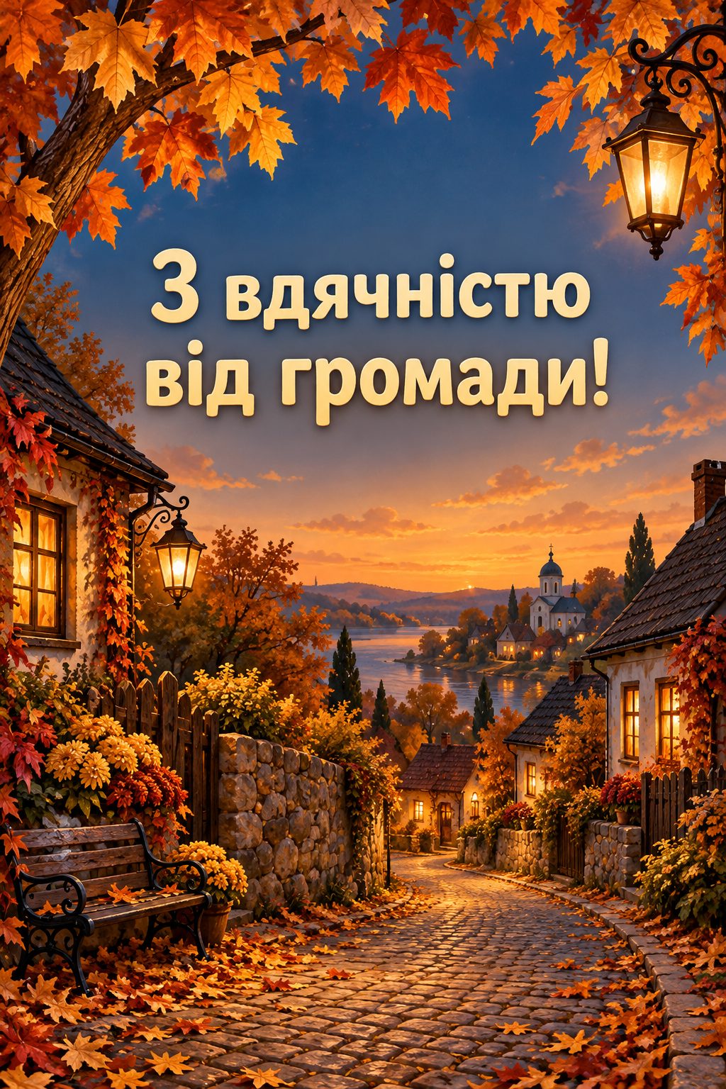 Листівка з Днем працівників соціальної сфери: сільська вулиця восени з освітленими вікнами, напис «З вдячністю від громади!»