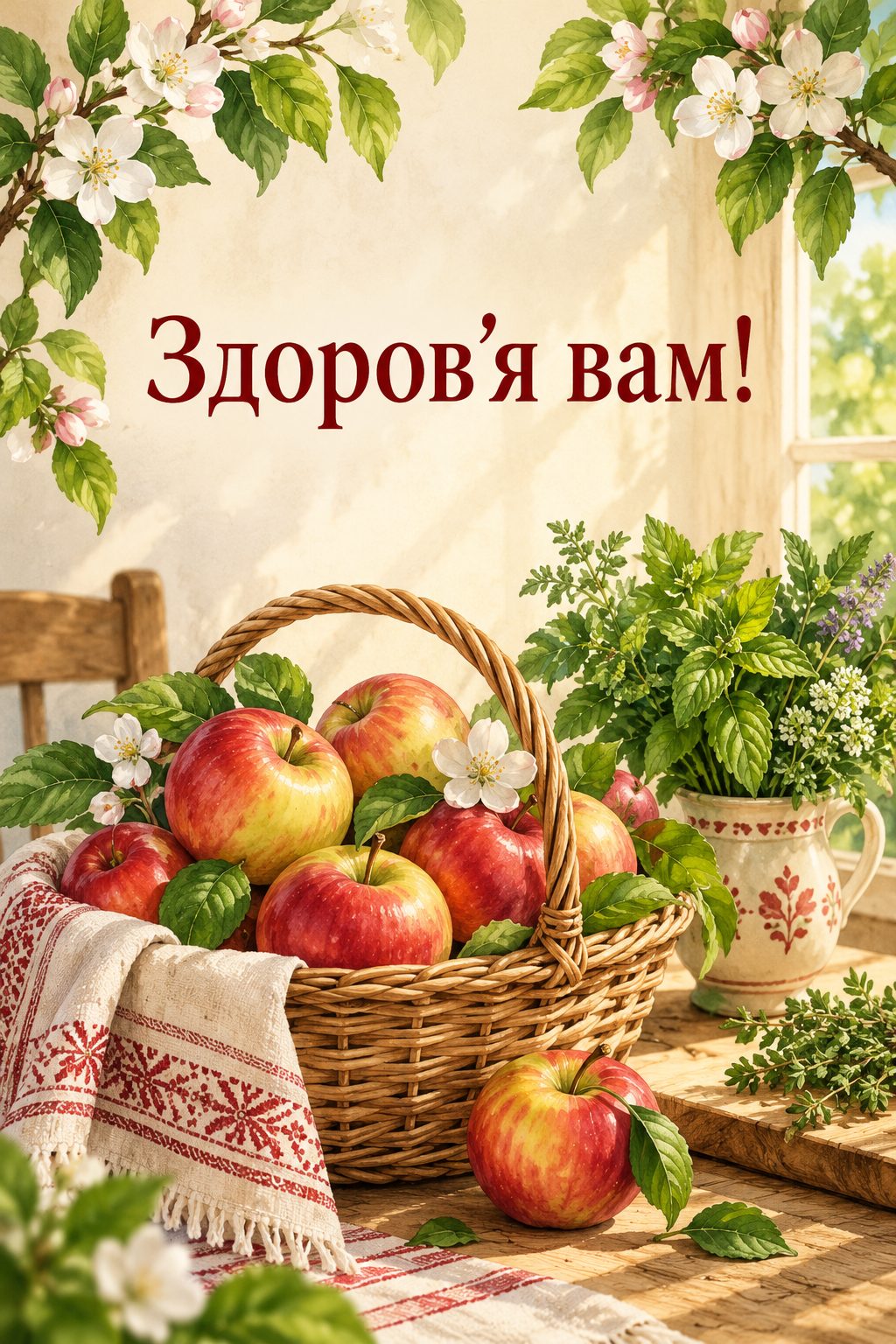 Листівка з Днем працівників соціальної сфери: кошик свіжих яблук і зелені на кухонному столі, напис «Здоров'я вам!»
