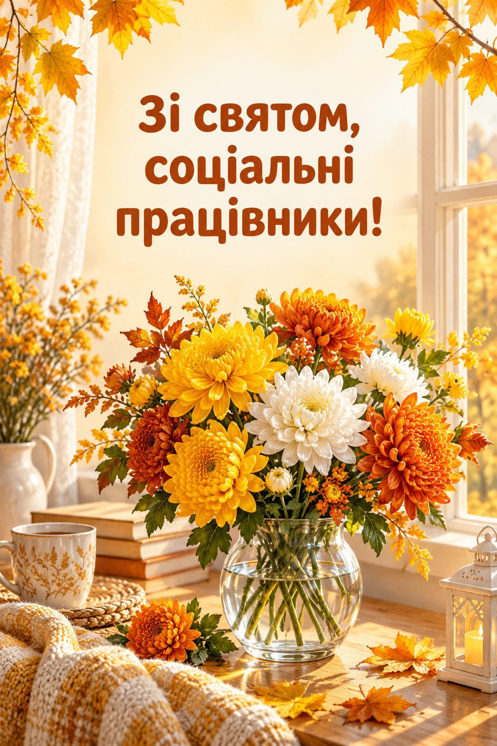 Листівка з Днем працівників соціальної сфери: букет осінніх хризантем у скляній вазі біля вікна, напис «Зі святом, соціальні працівники!»