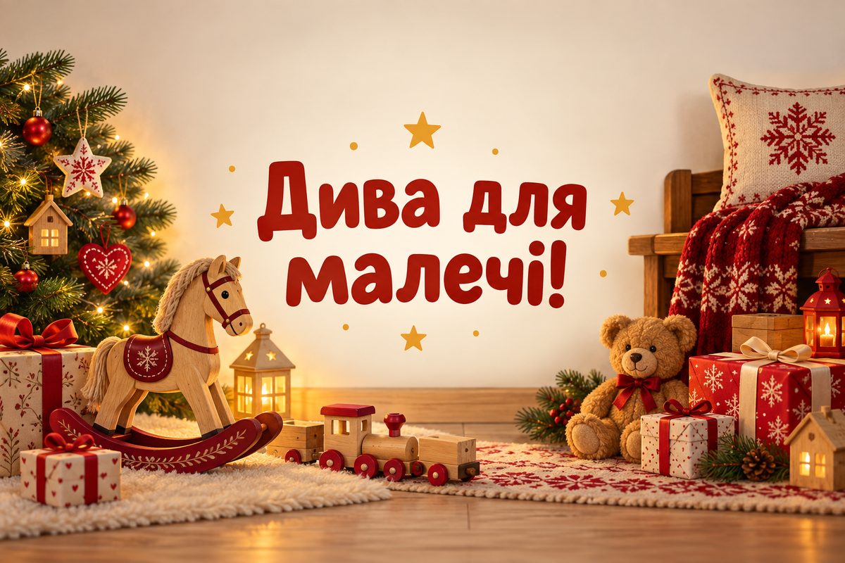 Листівка з Днем святого Миколая: деревʼяні іграшки й конячка-гойдалка, напис «Дива для малечі!»