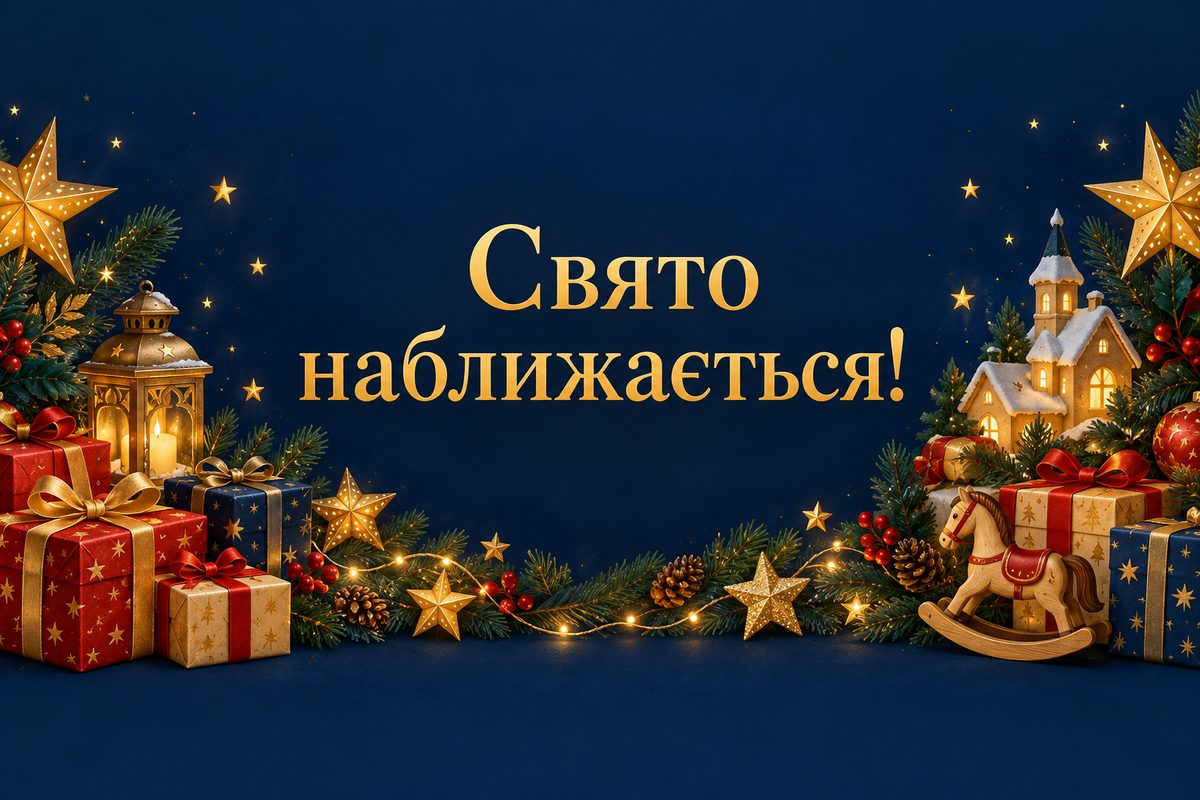 Листівка з Днем святого Миколая: гірлянда з подарунків і зірок, напис «Свято наближається!»