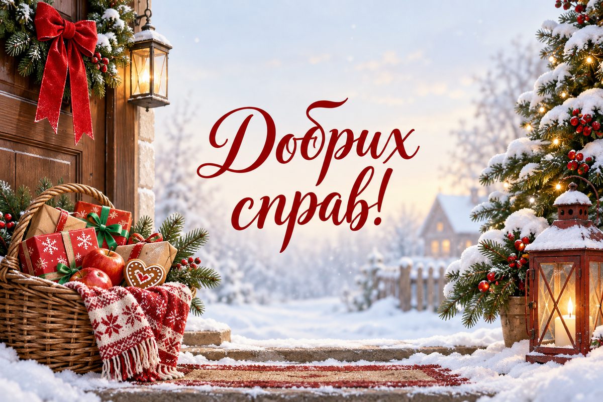 Листівка з Днем святого Миколая: кошик подарунків на порозі, напис «Добрих справ!»