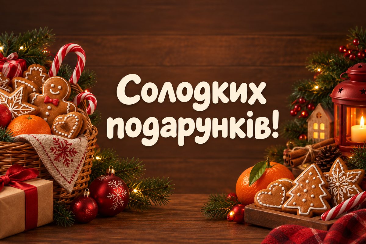 Листівка з Днем святого Миколая: кошик пряників, цукерок і мандаринів, напис «Солодких подарунків!»
