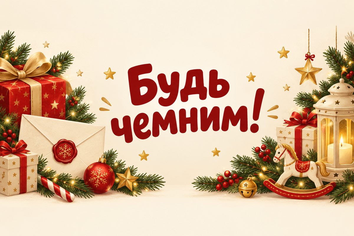 Листівка з Днем святого Миколая: конверт із сургучною печаткою й подарунки, напис «Будь чемним!»