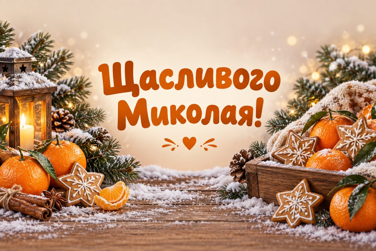 Листівка з Днем святого Миколая: мандарини й пряникові зірочки, напис «Щасливого Миколая!»