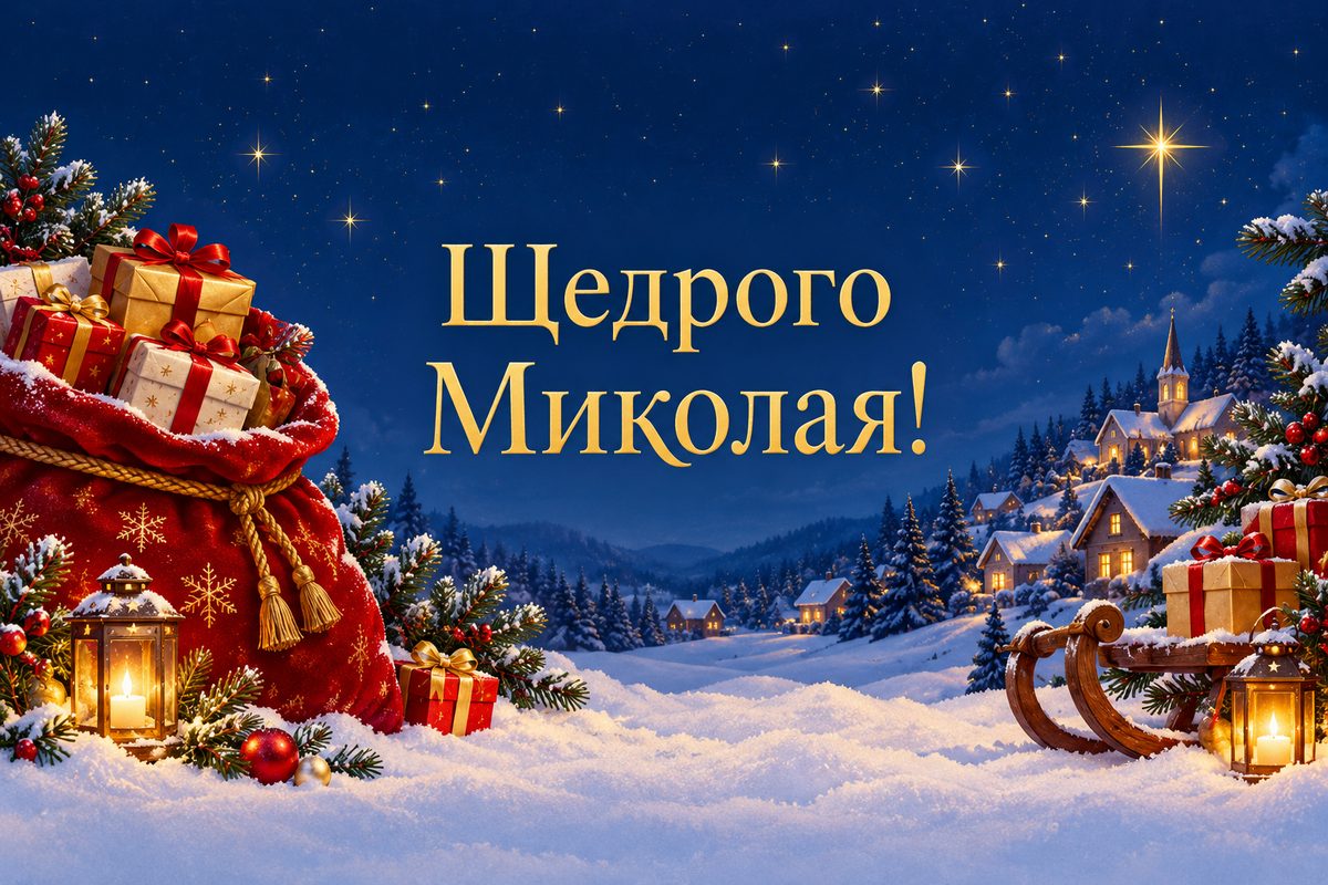 Листівка з Днем святого Миколая: мішок подарунків у снігу, напис «Щедрого Миколая!»