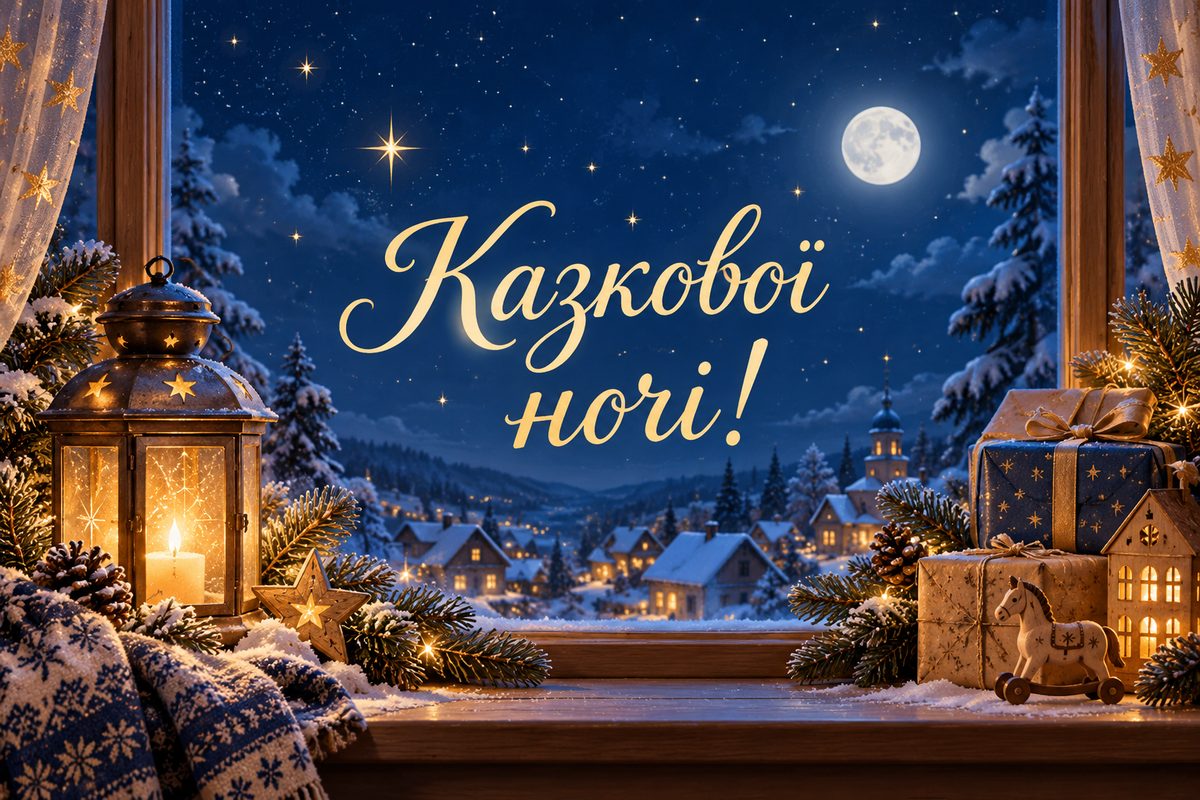 Листівка з Днем святого Миколая: місячна ніч і ліхтар на підвіконні, напис «Казкової ночі!»
