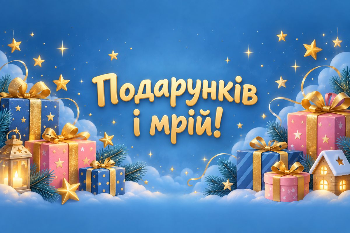 Листівка з Днем святого Миколая: подарунки й зірки на блакитному тлі, напис «Подарунків і мрій!»