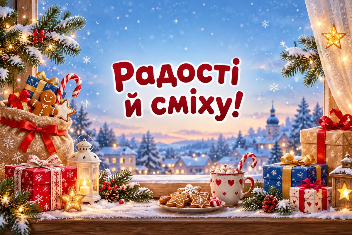 Листівка з Днем святого Миколая: подарунки й цукерки на підвіконні, напис «Радості й сміху!»