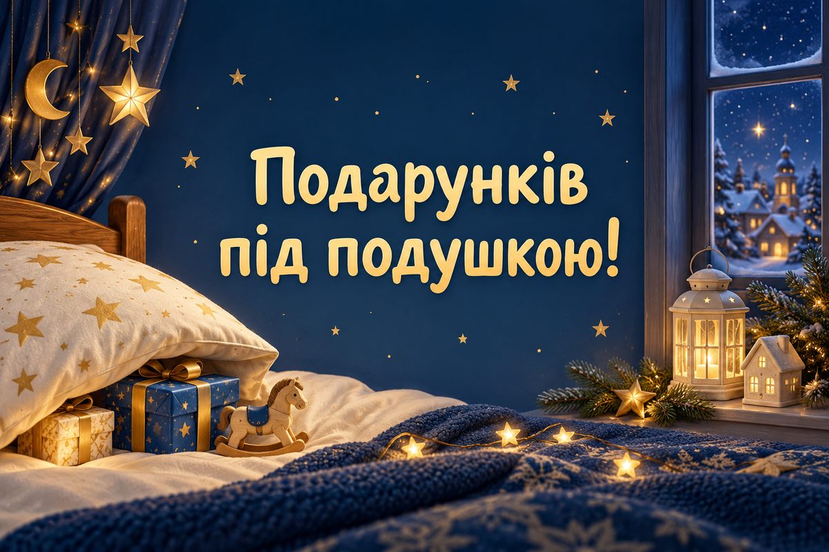 Листівка з Днем святого Миколая: подарунки визирають з-під подушки, напис «Подарунків під подушкою!»
