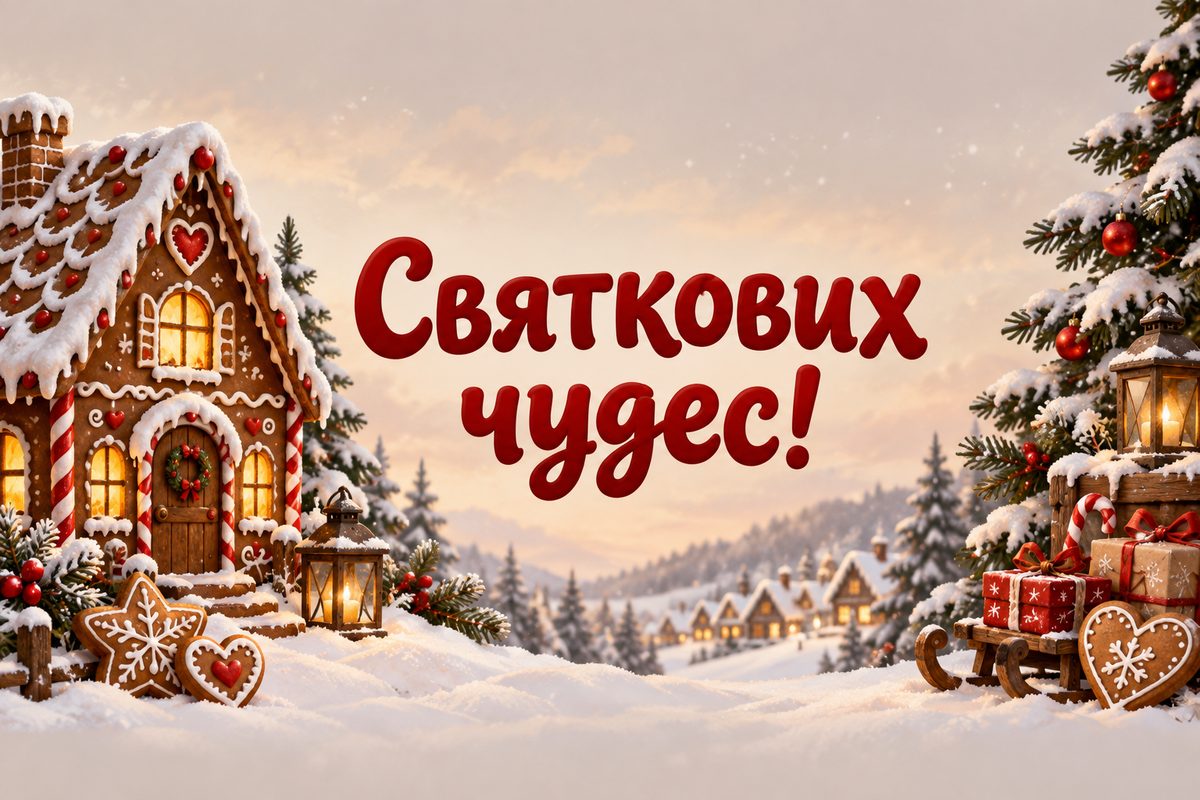 Листівка з Днем святого Миколая: пряниковий будиночок, напис «Святкових чудес!»