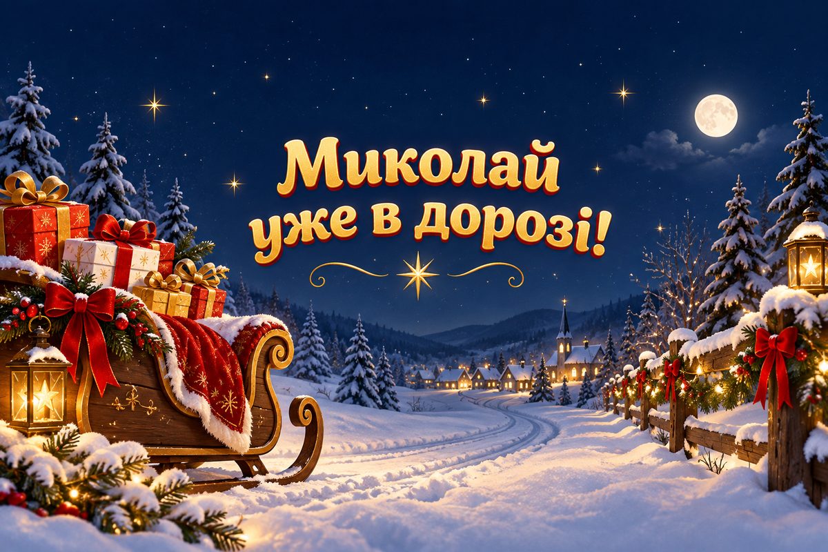 Листівка з Днем святого Миколая: сани з подарунками на засніженій дорозі, напис «Миколай уже в дорозі!»