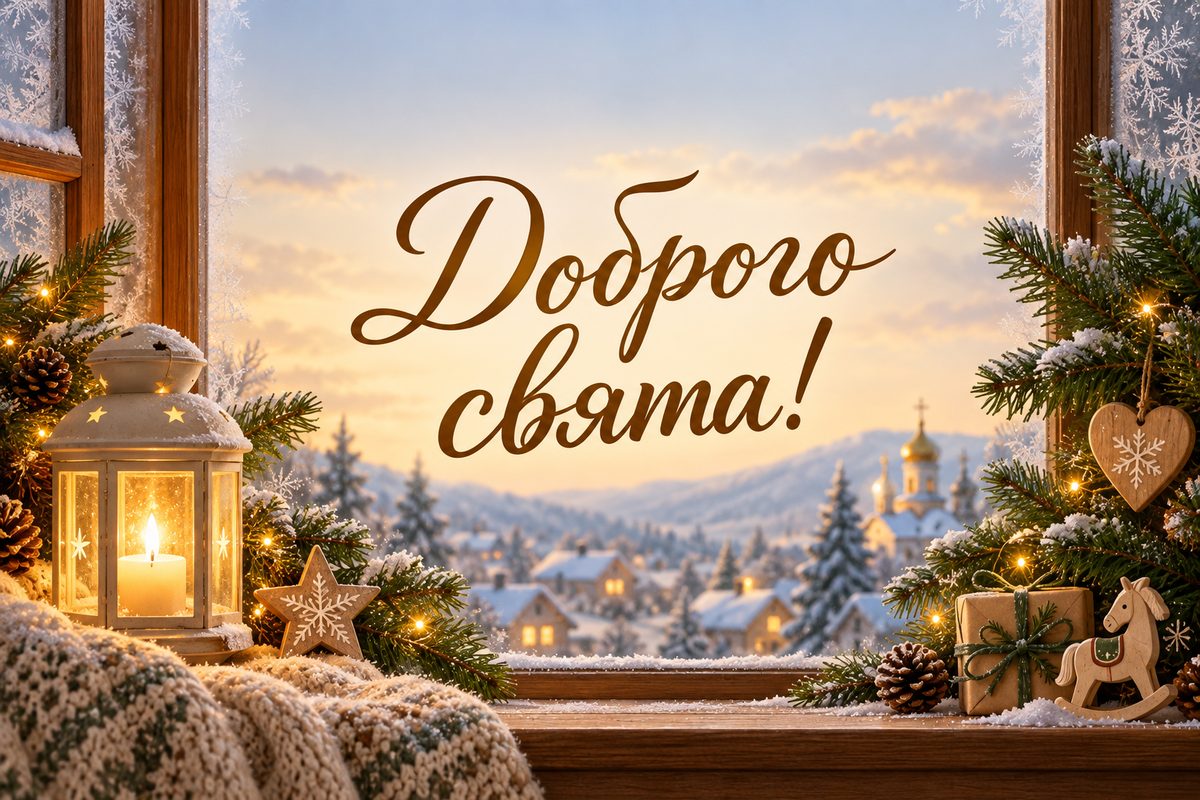Листівка з Днем святого Миколая: свічка в морозному вікні, напис «Доброго свята!»