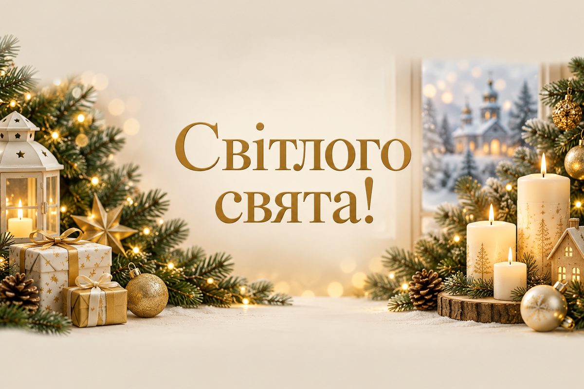 Листівка з Днем святого Миколая: свічки й гілки ялиці, напис «Світлого свята!»