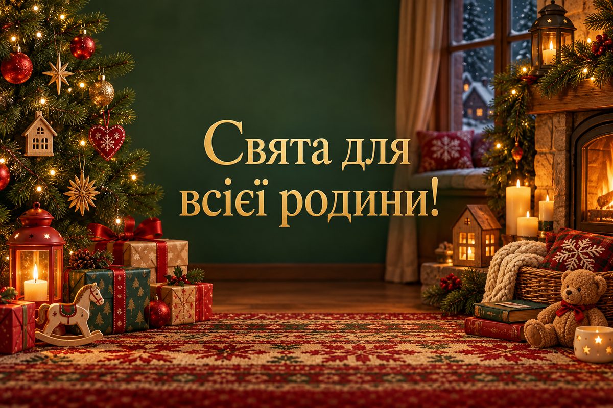 Листівка з Днем святого Миколая: затишна кімната зі свічками й подарунками, напис «Свята для всієї родини!»