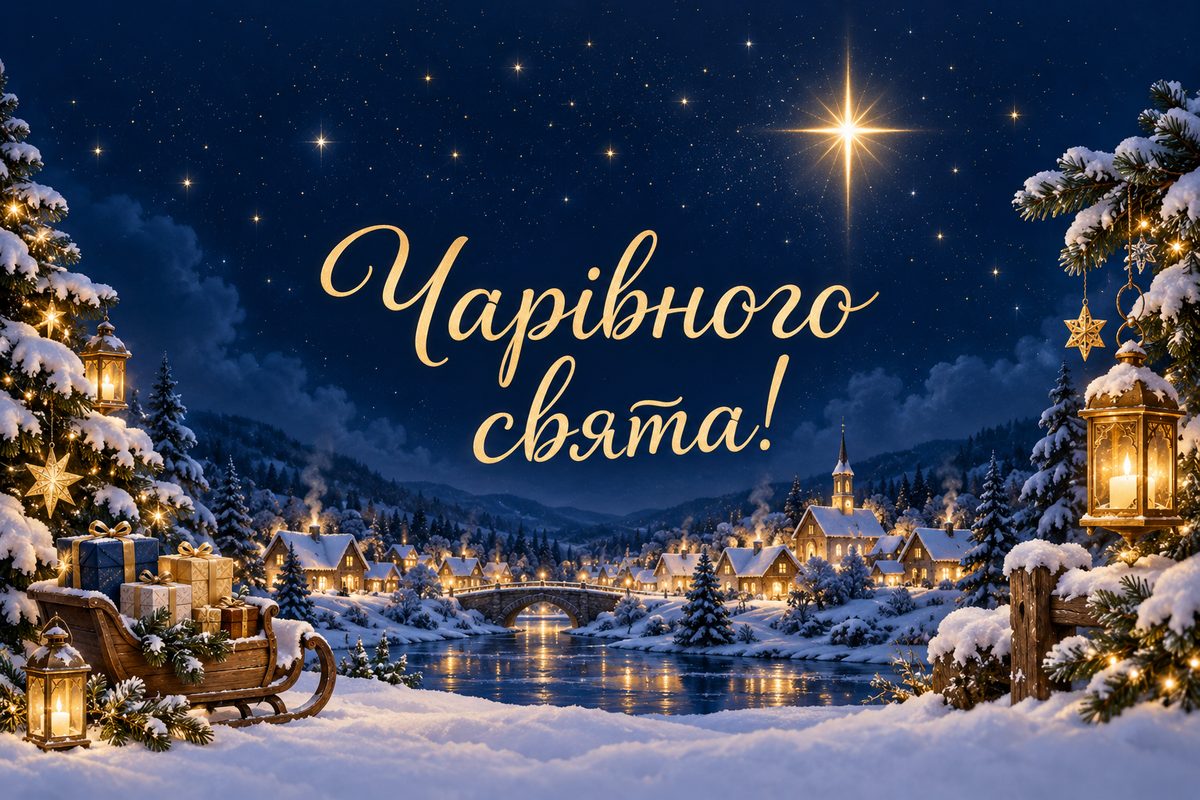 Листівка з Днем святого Миколая: зірка над засніженим селом, напис «Чарівного свята!»