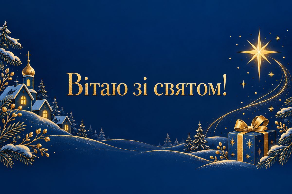 Листівка з Днем святого Миколая: золота зірка й подарунок, напис «Вітаю зі святом!»