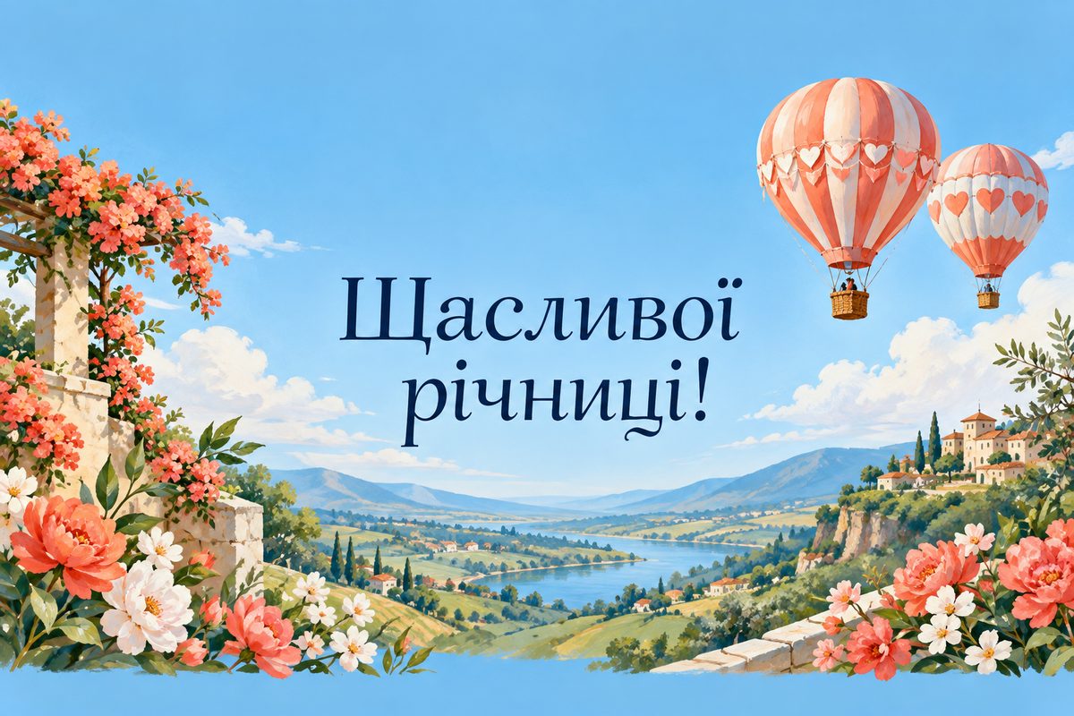 Листівка з днем весілля і річницею: дві повітряні кулі над пагорбами, напис «Щасливої річниці!»