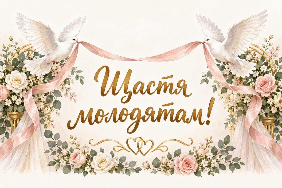 Листівка з днем весілля і річницею: білі голуби зі стрічкою над квітковою аркою, напис «Щастя молодятам!»