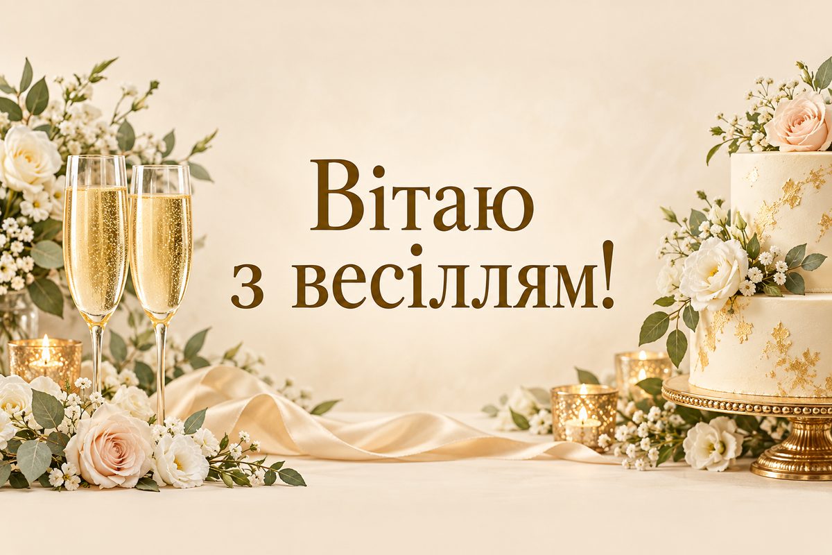 Листівка з днем весілля і річницею: келихи шампанського й весільний торт, напис «Вітаю з весіллям!»