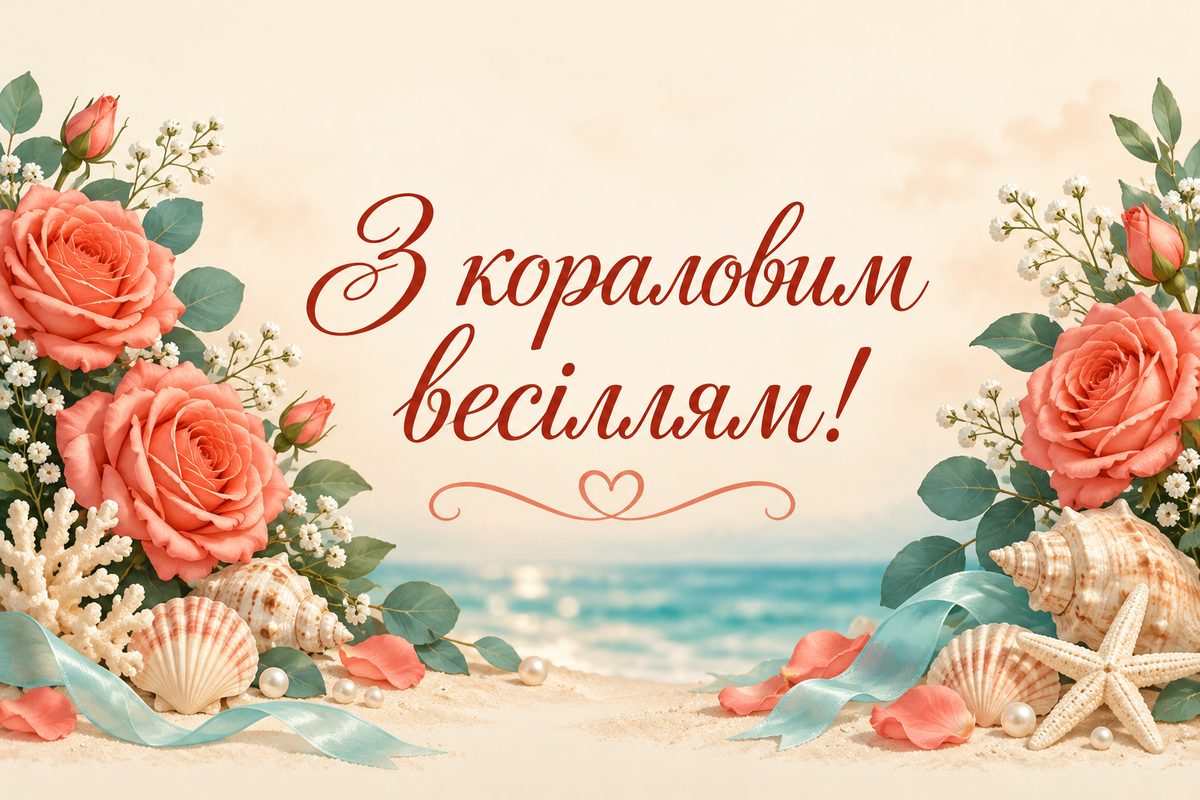 Листівка з днем весілля і річницею: коралове весілля, 35 років: коралові троянди й черепашки, напис «З кораловим весіллям!»