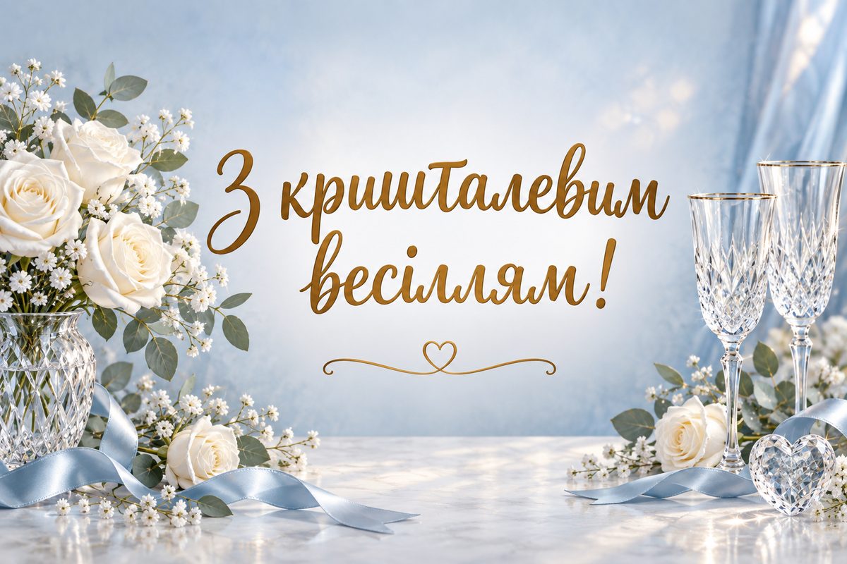 Листівка з днем весілля і річницею: кришталеве весілля, 15 років: кришталеві келихи й білі троянди, напис «З кришталевим весіллям!»