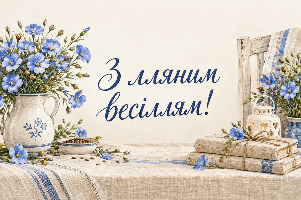 Листівка з днем весілля і річницею: лляне весілля, 4 роки: лляна скатертина й квіти льону, напис «З лляним весіллям!»