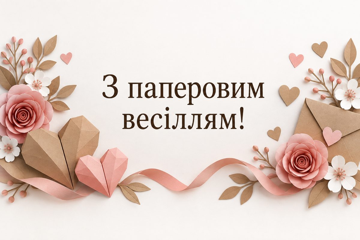 Листівка з днем весілля і річницею: паперове весілля, 2 роки: паперові серця й квіти, напис «З паперовим весіллям!»