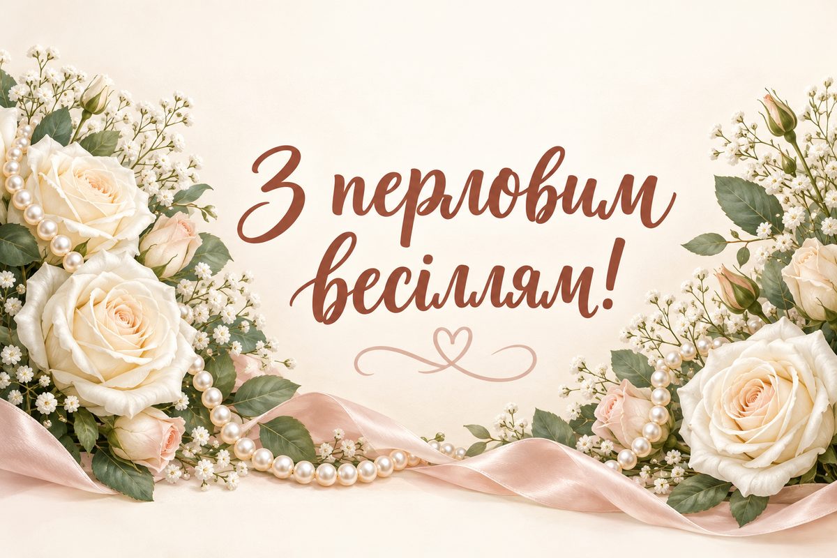 Листівка з днем весілля і річницею: перлове весілля, 30 років: перли довкола білих троянд, напис «З перловим весіллям!»