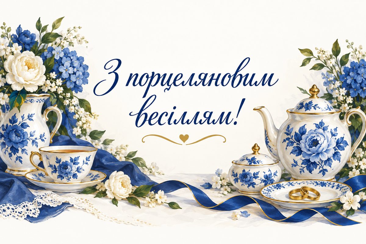 Листівка з днем весілля і річницею: порцелянове весілля, 20 років: чайний сервіз із розписом, напис «З порцеляновим весіллям!»