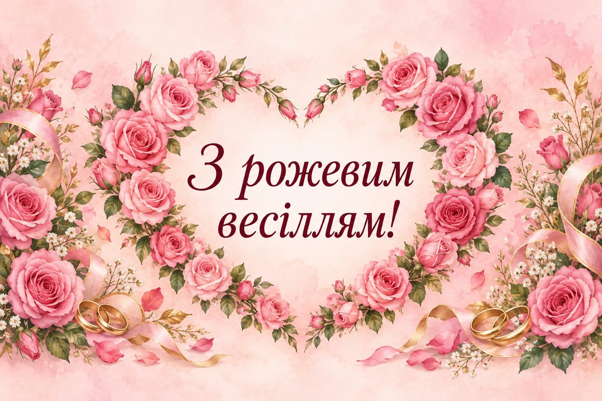 Листівка з днем весілля і річницею: рожеве весілля, 10 років: серце з рожевих троянд, напис «З рожевим весіллям!»