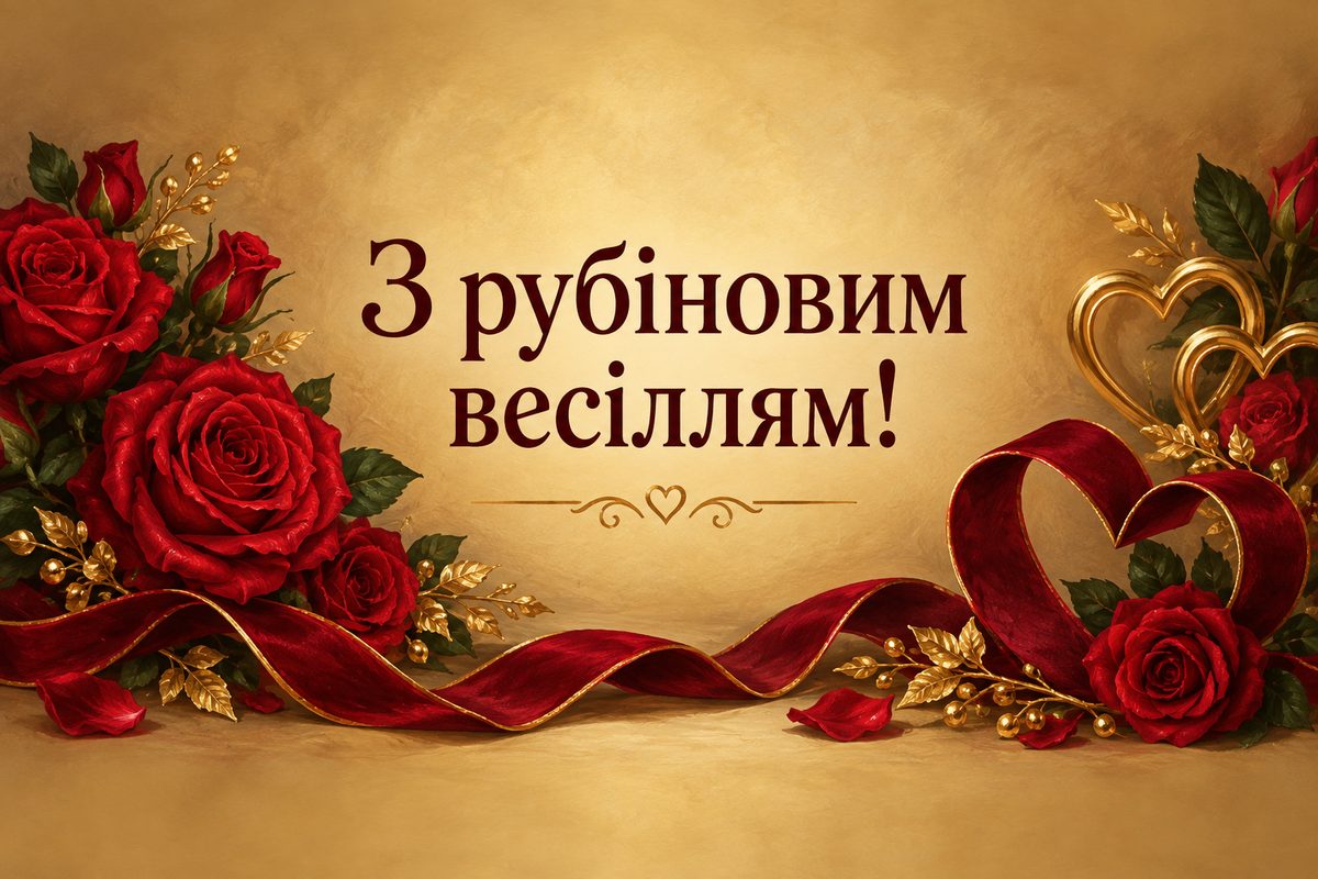 Листівка з днем весілля і річницею: рубінове весілля, 40 років: рубінові троянди й оксамитове серце, напис «З рубіновим весіллям!»