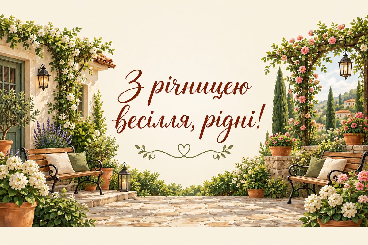 Листівка з днем весілля і річницею: сад із будиночком і двома лавками, напис «З річницею весілля, рідні!»