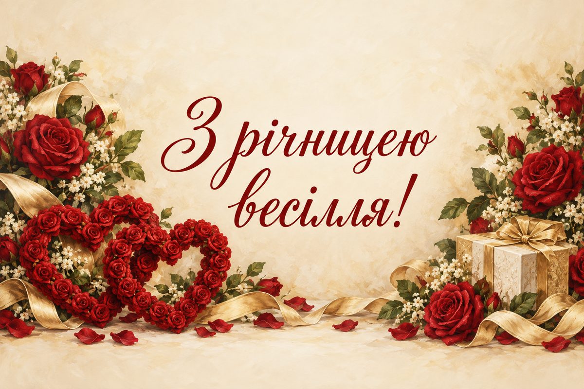Листівка з днем весілля і річницею: два переплетені серця з червоних троянд, напис «З річницею весілля!»