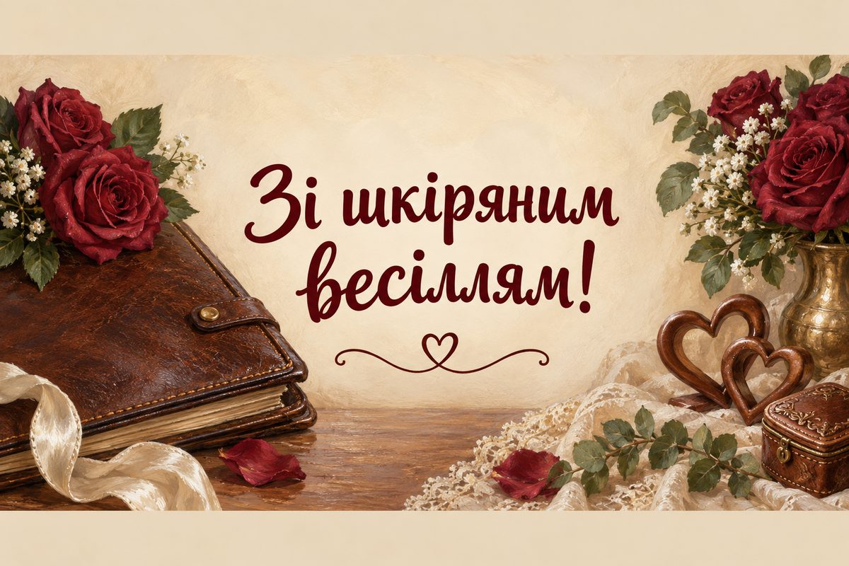 Листівка з днем весілля і річницею: шкіряне весілля, 3 роки: шкіряний альбом із трояндами, напис «Зі шкіряним весіллям!»