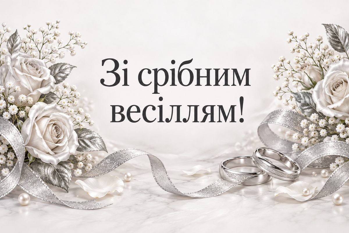 Листівка з днем весілля і річницею: срібне весілля, 25 років: срібні обручки й троянди, напис «Зі срібним весіллям!»