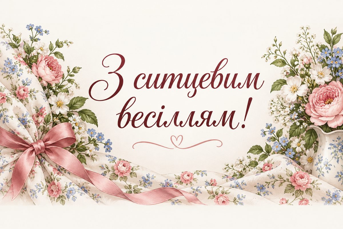 Листівка з днем весілля і річницею: ситцеве весілля, 1 рік: тканина з квітковим візерунком, напис «З ситцевим весіллям!»