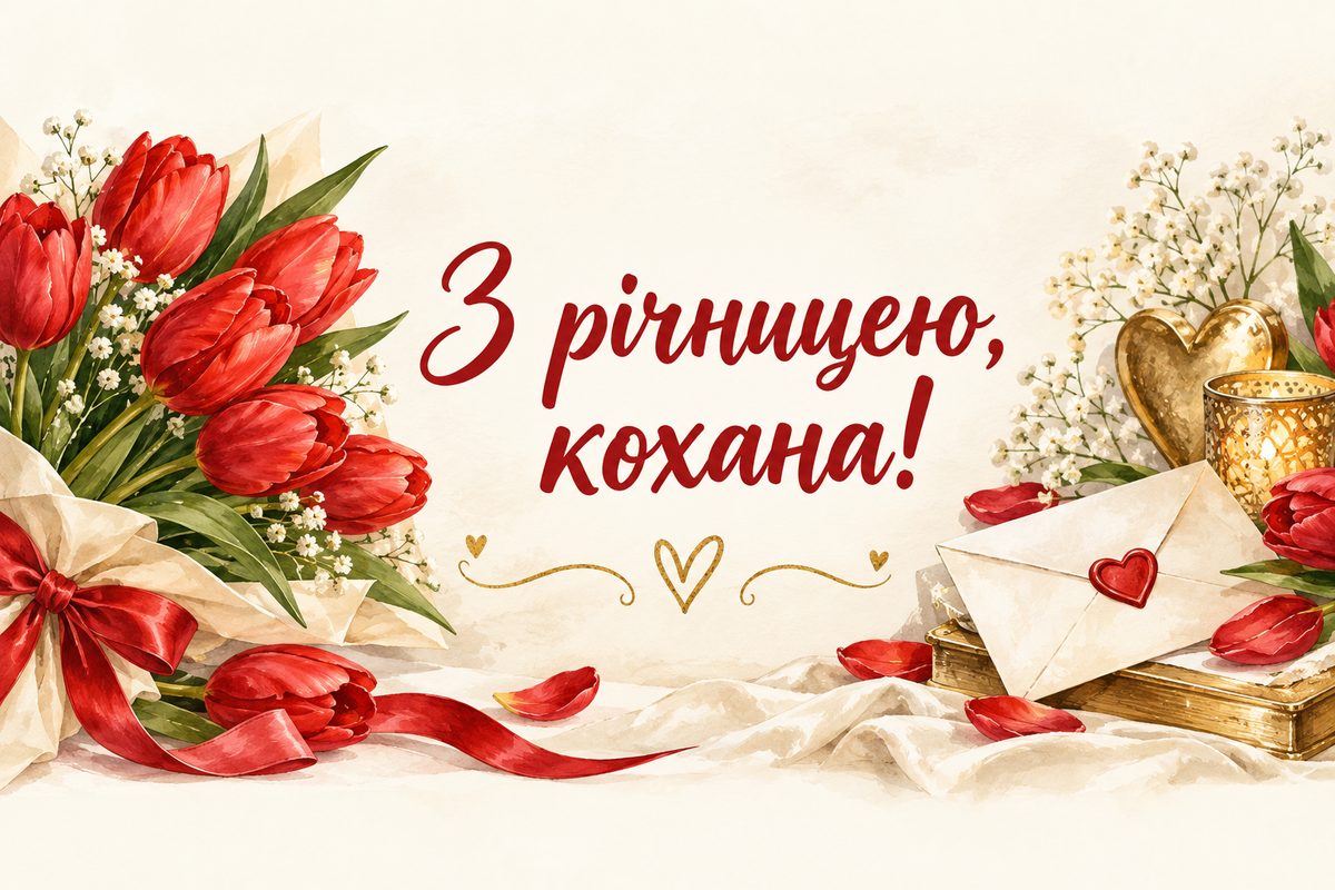 Листівка з днем весілля і річницею: червоні тюльпани й любовний лист, напис «З річницею, кохана!»