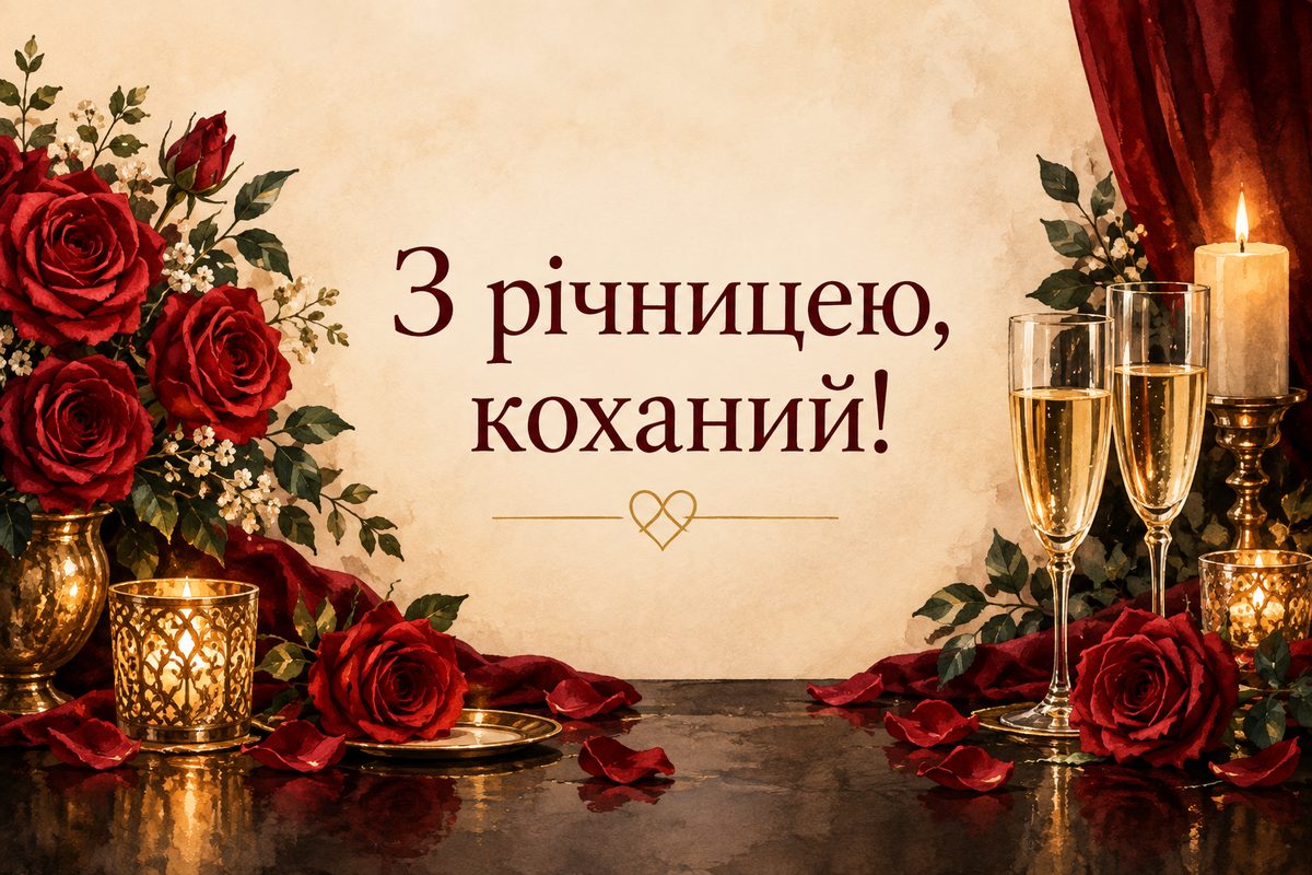 Листівка з днем весілля і річницею: столик при свічках, троянди й два келихи, напис «З річницею, коханий!»